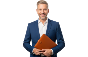 A smiling middleaged businessman in a blue suit holding a brown leather folder, isolated on transparent background