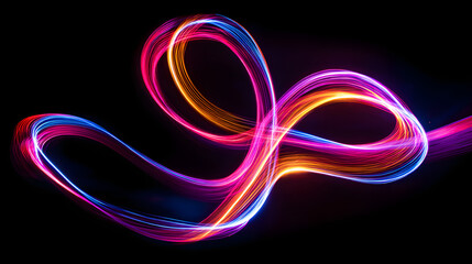 Vivid abstract light trails in vibrant pink, blue, and orange on a dark background create a dynamic and captivating visual display.