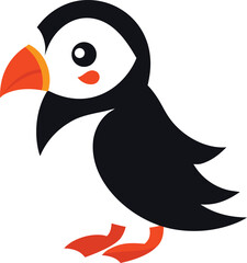 Cute cartoon puffin bird with orange beak and feet on a white background