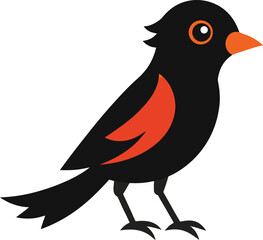 Stylized illustration of a black bird with bright orange wing patches and a sharp beak