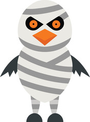 Cute cartoon mummy bird character with glowing orange eyes and a beak for halloween