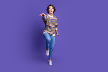 Photo of lovely pretty woman wear stylish clothes hurry black friday sale isolated on purple color...