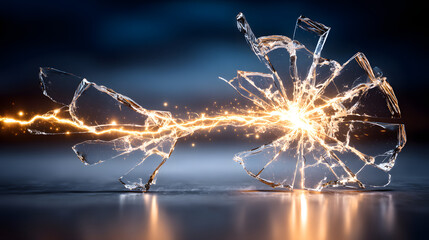 Dynamic burst of glass shattering with sparks, creating a captivating visual moment.