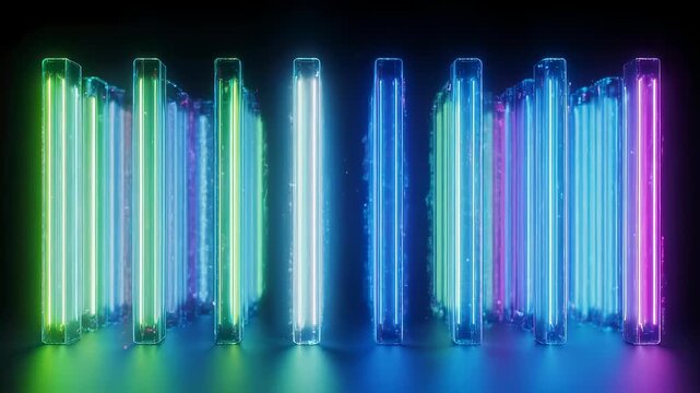 A luminous art piece featuring glowing neon rectangles in diverse colours standing in a dark, reflective space