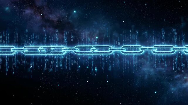 A glowing chain stretches across a dark cosmic backdrop with falling binary code. Digital art