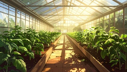 Sunlit greenhouse with rows of green plants under a glass roof
