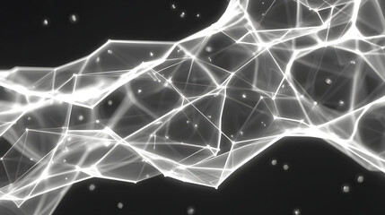 Abstract futuristic background featuring glowing white geometric lines and shapes over a dark backdrop, evoking a sense of technology.