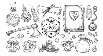 Collection of fantasy role playing game items and accessories hand drawn in black and white sketch style