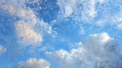 A beautiful view of blue sky with fluffy clouds, seen through a raindrop-speckled window.