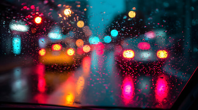 Colorful city lights reflect on a rainy windshield, creating a vibrant and moody atmosphere.