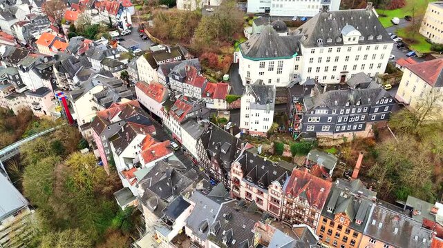 Aerial view of Marburg old town with Landgrafenschloss Castle and historic houses