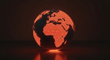 Glowing Earth globe with hexagonal pattern, emitting warm red light against a dark backdrop