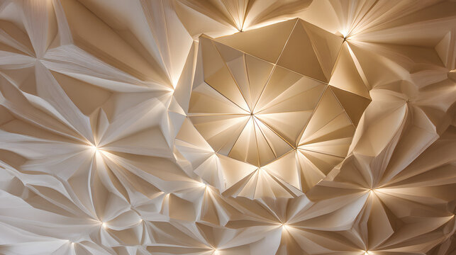 An intricate geometric ceiling design illuminated with warm lighting, showcasing an artistic play of shapes and shadows. - Powered by Adobe