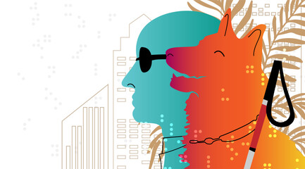 Blind people in urban space. Vector conceptual illustration. A blind man with a guide dog on the background of a city and Braille