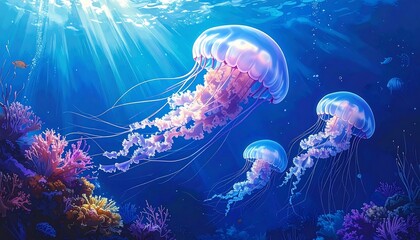 Underwater Scene with Jellyfish and Coral Reefs in a Vibrant Blue Environment