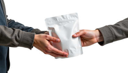 Exchange of Package Between Two Hands Office Space Photography Bright Environment Close-Up View Trust Concept