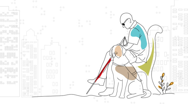 Blind people in urban space. Vector conceptual illustration. A blind man with a guide dog on the background of a city and Braille. Line art