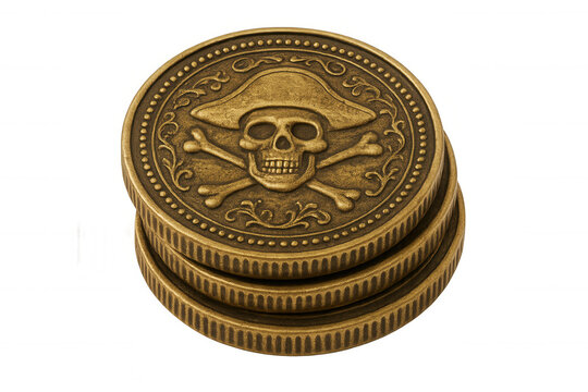 Pirate gold coins with skull and crossbones design, stacked treasure currency for wealth and adventure concepts