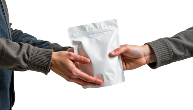 Exchange of Package Between Two Hands Office Space Photography Bright Environment Close-Up View Trust Concept