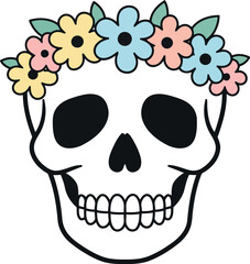 Whimsical skull floral wreath day of the dead boho art vector