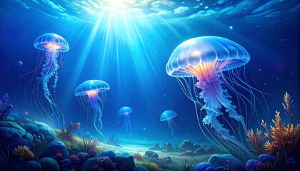 Underwater Scene with Jellyfish Illuminated by Sunlight in the Ocean