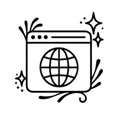 Minimalist Internet Browser Icon – Globe in Window with Sparkles and Motion Lines