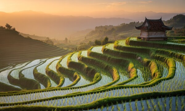Golden sunrise over layered rice terraces, leading to a traditional pavilion in a misty valley - Powered by Adobe