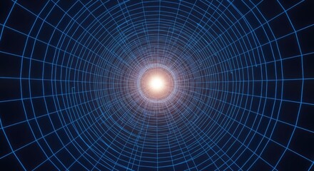 Fototapeta premium Blue Wireframe Tunnel with Glowing Center abstract