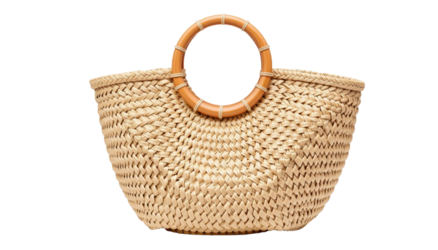 Woven Straw Beach Bag Coastal Area Product Photography Natural Light Close-Up Stylish Accessories for Summer