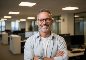 Obraz premium Smiling man in office with arms crossed
