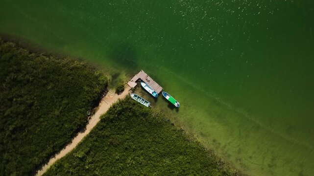 Aerial 4K drone view of lagoons and mangrove wetlands in Sian Kaan biosphere reserve Mexico