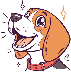 Cute beagle puppy cartoon head illustration, dog face with a happy smile and shining eyes, flat vector art. Joyful pet animal character with brown and white fur, simple design for vet, training, or an