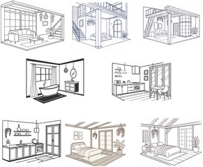 Minimalist interior vector set, isometric line art of modern kitchen and cozy bedroom with bohemian bathroom. Monochrome sketch collection for house decor design.