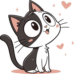 Funny cute black and white cat cartoon vector illustration, adorable kitten character sitting and looking up with a big smile. Happy pet animal flat design with heart and star elements, ideal for kids