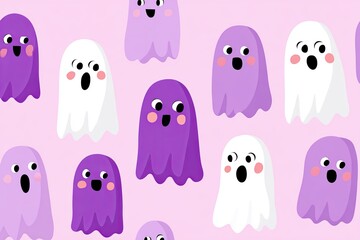 Pattern of playful purple ghosts on a pastel pink background, featuring whimsical expressions and vibrant colors, creating a fun and modern illustration design with copy space