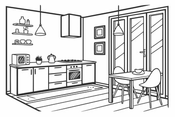 Minimalist kitchen design, isometric vector line art illustration showing the cabinets, oven, and sink area. Monochrome sketch of a bohemian interior with a houseplant and simple shelves, perfect for 