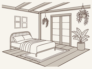 Isometric bedroom interior, vector line art illustration of a minimalist and bohemian room with a bed and houseplants. Sketch drawing of modern home decor with a terrace style ceiling and windows.