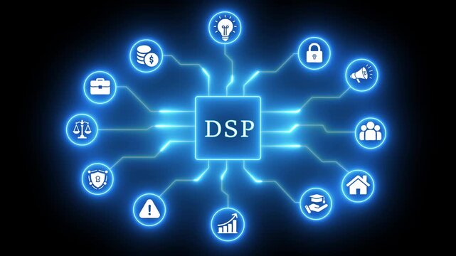 DSP Digital Signal Processor with Connected Business and Technology Icons on Black Background image