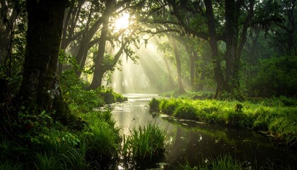 Sunbeams illuminate a stream through a lush forest