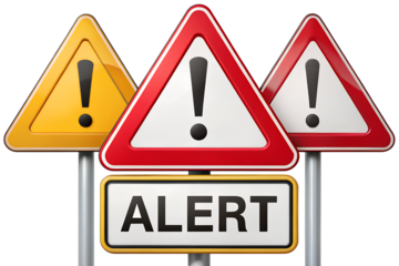 Three alert signs with exclamation marks isolated on transparent background, warning about danger and caution