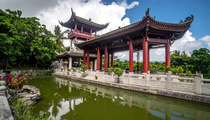 Traditional Chinese temple structure near a pond