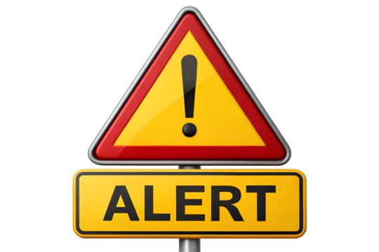 Alert sign with exclamation mark isolated on transparent background, warning about danger and caution ahead