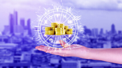 Horoscope with zodiac signs and money coins like astrology and money and astrology and wealth concept, Financial horoscope concept.
