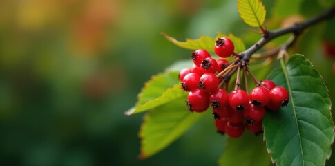 Obraz premium Intense red rowan berry clusters set against a backdrop of rich green foliage, autumn scene , berries, bush