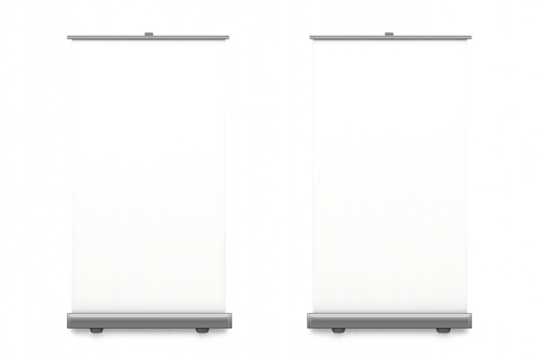 Two blank roll up banner stands for advertisement isolated on transparent background