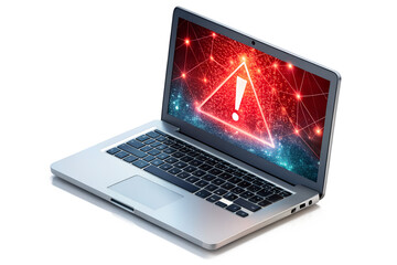 Laptop displaying a red warning sign isolated on transparent background, indicating a potential security threat or system error