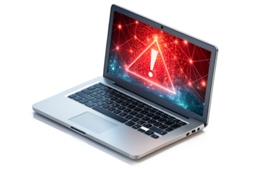 Laptop displaying a red warning sign isolated on transparent background, indicating a potential security threat or system error