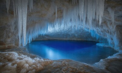 Naklejka premium Deep blue pool within a cavern, frozen icicles hanging from above