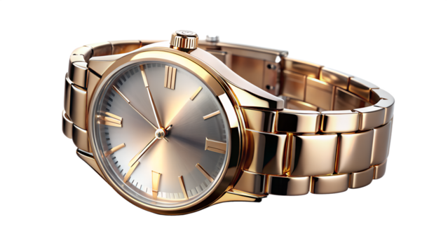 Elegant gold wristwatch isolated on transparent background, showcasing timeless design and precision timekeeping
