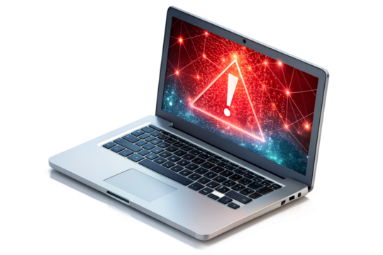 Laptop displaying a red warning sign isolated on transparent background, indicating a potential security threat or system error